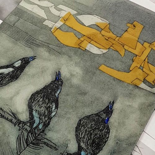 Experimental Collagraph Workshop Magpies singing